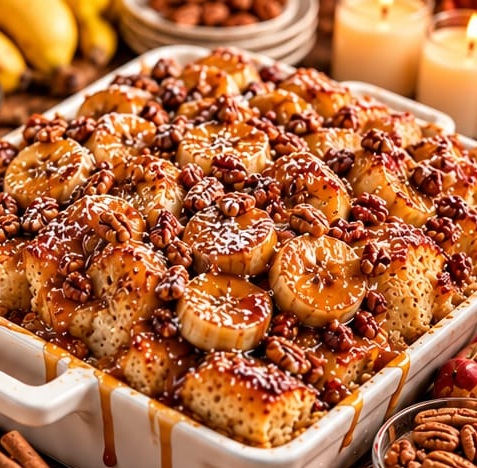 Bananas Foster Bread Pudding with Brown Butter Rum-Caramel Sauce, shown as a serving suggestion