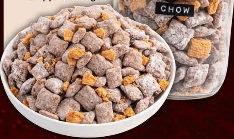 Candy Bar Puppy Chow, shown as a serving suggestion