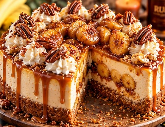 Bananas Foster Cheesecake, shown as a serving suggestion