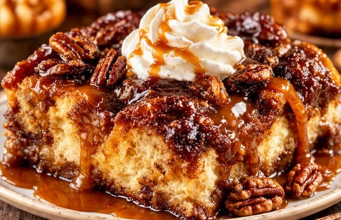 Bourbon Pecan Sticky Bun Bread Pudding, shown as a serving suggestion