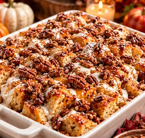 Maple Pecan Cream Cheese French Toast Bake, shown as a serving suggestion