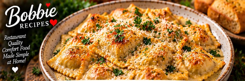 Homemade Ravioli with Creamy Garlic Parmesan Sauce, shown as a serving suggestion