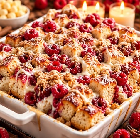 White Chocolate Raspberry Cheesecake Brioche French Toast Bake, shown as a serving suggestion