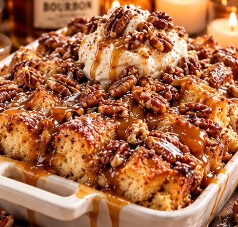 Brown Butter Bourbon Pecan Praline Bread Pudding, shown as a serving suggestion