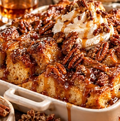 Brown Butter Bourbon Pecan Bread Pudding, shown as a serving suggestion