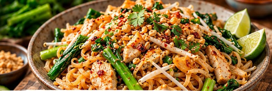 Chicken Pad Thai with Chinese Broccoli, shown as a serving suggestion