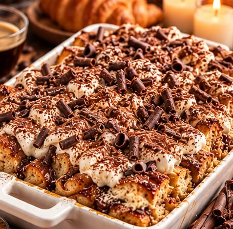 Tiramisu Espresso Croissant Bread Pudding, shown as a serving suggestion
