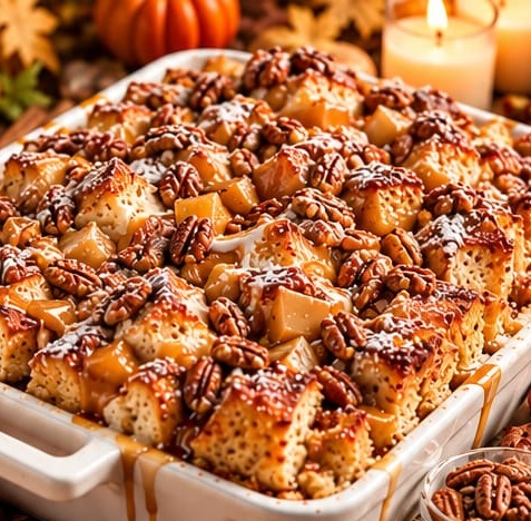 Apple Cinnamon Pecan Crunch French Toast Bake, shown as a serving suggestion