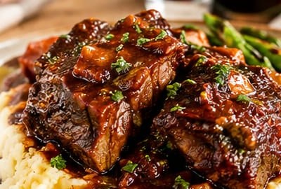 Slow Cooker Red Wine Short Ribs with Rich Beef Gravy, shown as a serving suggestion