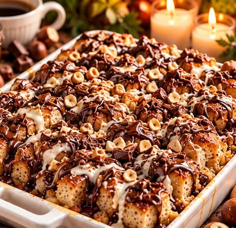 Triple Chocolate Hazelnut Croissant Bread Pudding, shown as a serving suggestion