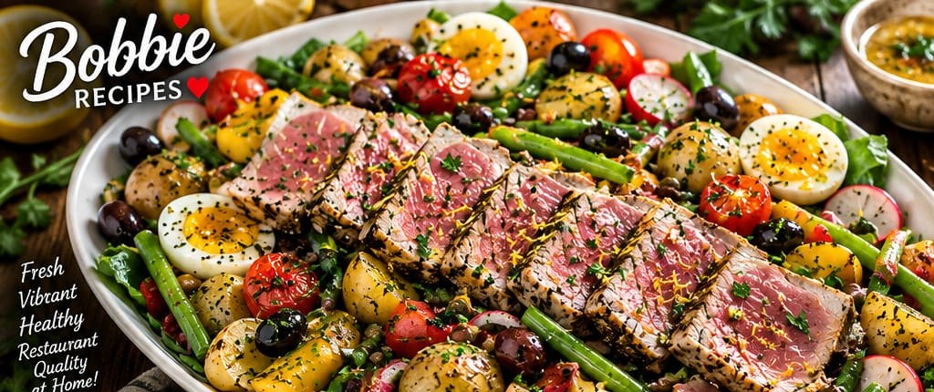 Seared Ahi Tuna Niçoise Salad with Dijon Vinaigrette, shown as a serving suggestion