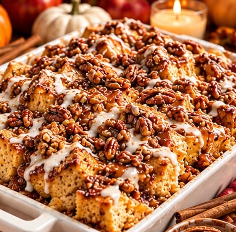 Pumpkin Pecan Praline French Toast Bake, shown as a serving suggestion