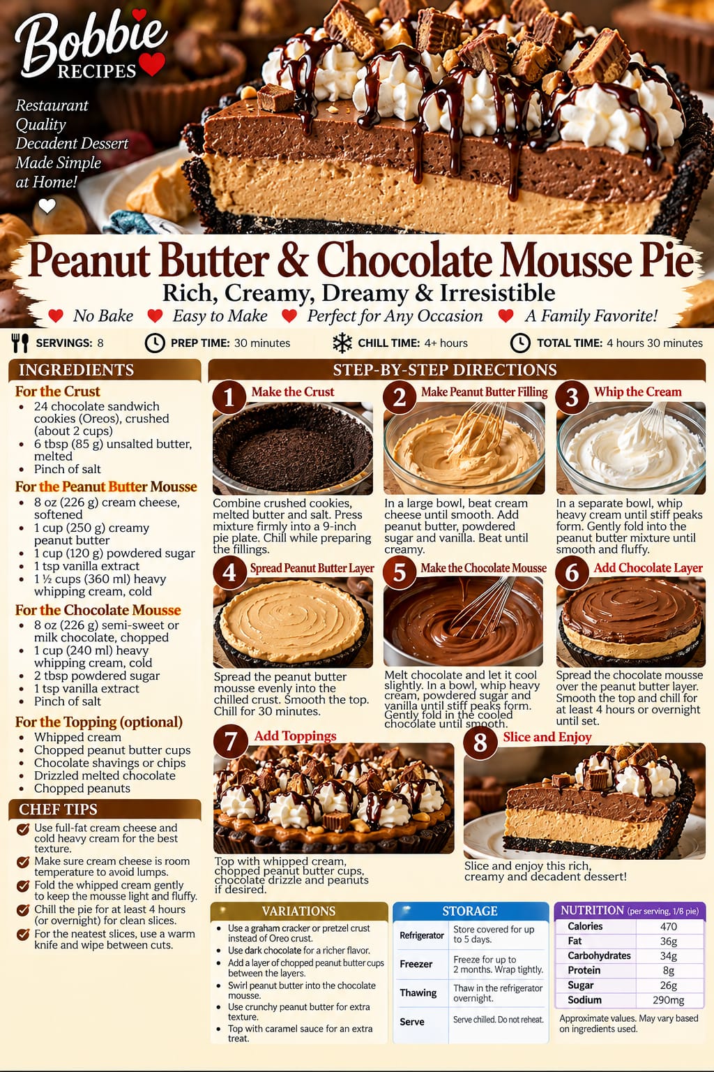 Peanut Butter & Chocolate Mousse Pie, shown as a serving suggestion