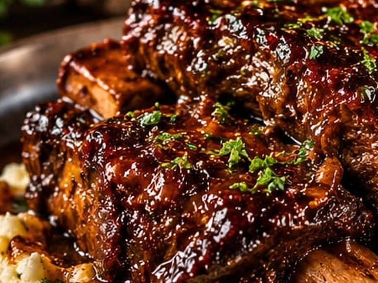 Slow-Cooked Glazed Short Ribs on Garlic Mashed Potatoes, shown as a serving suggestion
