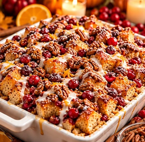 Cranberry Orange Pecan French Toast Bake, shown as a serving suggestion