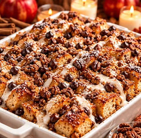 Chocolate Chip Pecan French Toast Bake, shown as a serving suggestion