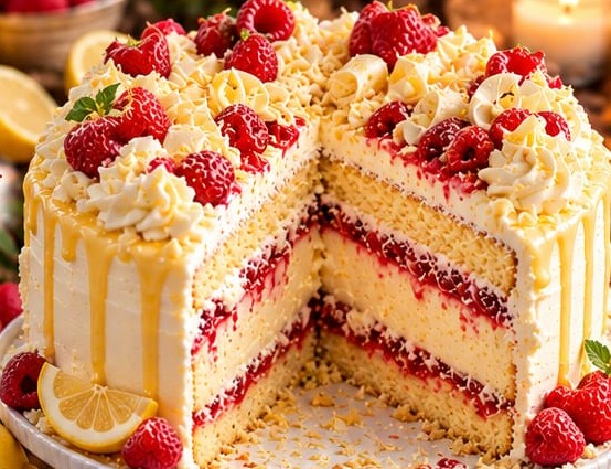 Lemon Raspberry Dream Layer Cake, shown as a serving suggestion