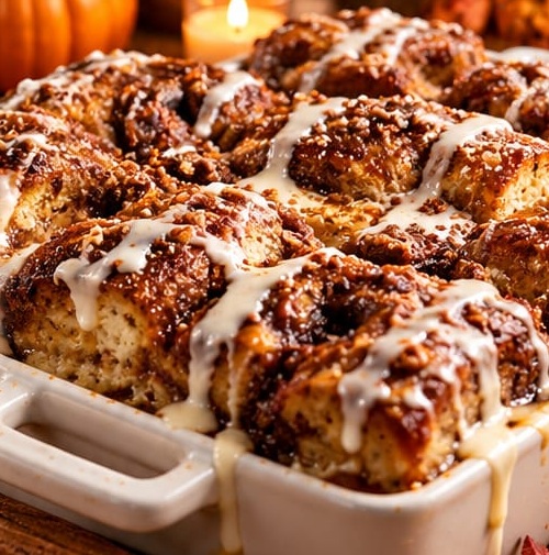 Cinnamon Roll Cheesecake Bread Pudding, shown as a serving suggestion