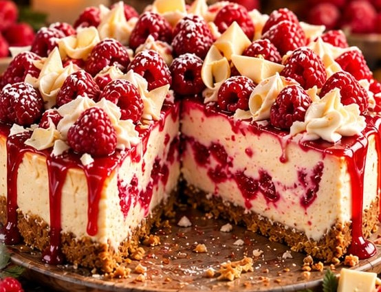 White Chocolate Raspberry Cheesecake, shown as a serving suggestion