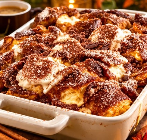 Tiramisu Espresso Croissant Pudding, shown as a serving suggestion