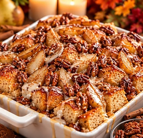 Caramelized Pear Chai Brioche Bread Pudding, shown as a serving suggestion