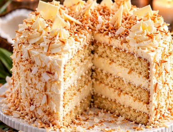 Coconut Cream Dream Layer Cake, shown as a serving suggestion