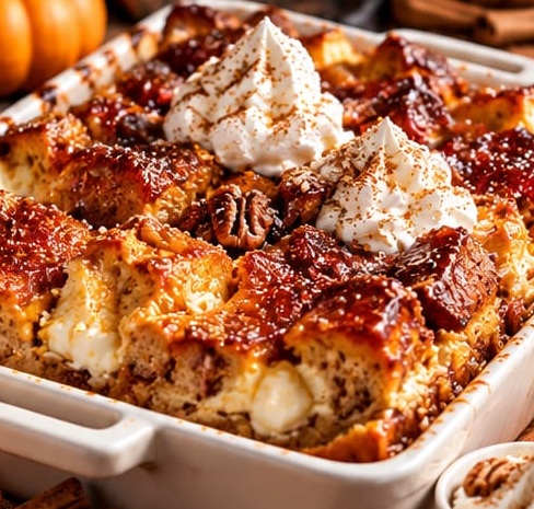 Pumpkin Cheesecake Brûlée French Toast Bake, shown as a serving suggestion