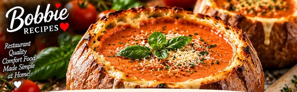 Creamy Tomato Basil Soup in a Sourdough Bread Bowl