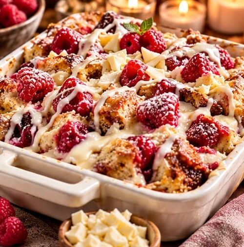White Chocolate Raspberry Cheesecake Brioche Pudding, shown as a serving suggestion