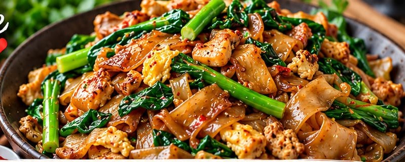 Chicken Pad See Ew with Chinese Broccoli, shown as a serving suggestion