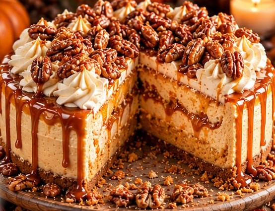 Salted Caramel Pumpkin Cheesecake, shown as a serving suggestion