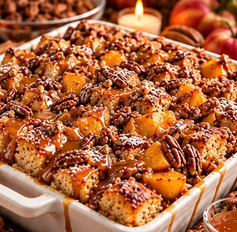 Peach Pecan Praline French Toast Bake, shown as a serving suggestion