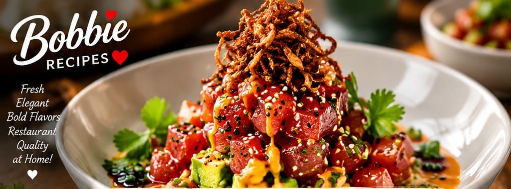 Ahi Tuna Poke Stack with Avocado, Cilantro & Crispy Shallots, shown as a serving suggestion
