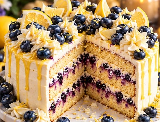 Lemon Blueberry Mascarpone Layer Cake, shown as a serving suggestion