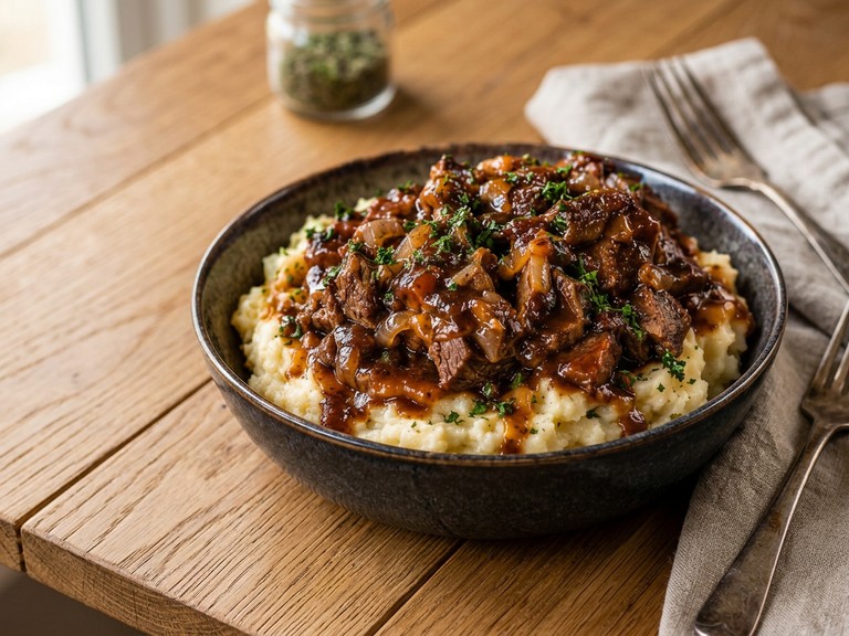 Beef and Mashed Potato Bowl, shown as a serving suggestion