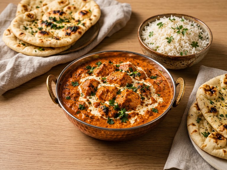 Butter Chicken with Naan and Basmati Rice, shown as a serving suggestion