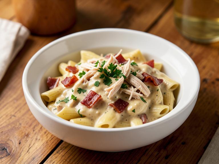 Creamy Bacon Ranch Penne, shown as a serving suggestion