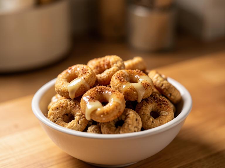 Hot Buttered Oat Cereal & Mini Donuts, shown as a serving suggestion