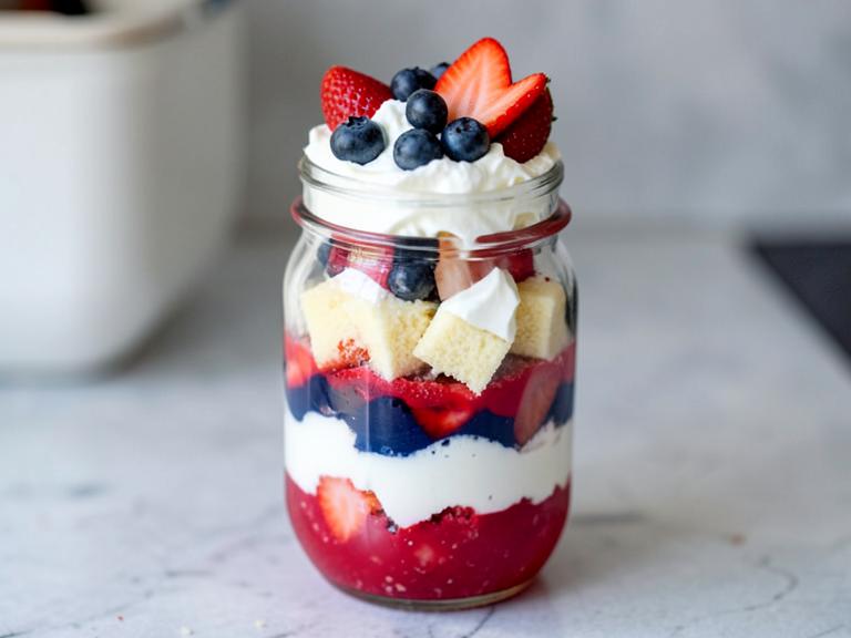 Red, White & Blue Cake in a Jar, shown as a serving suggestion