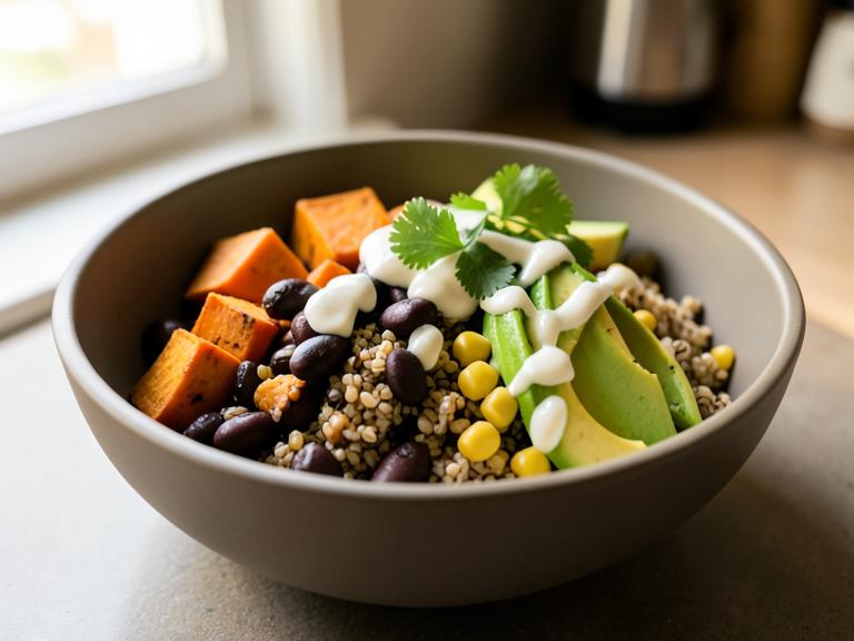 Roasted Sweet Potato & Black Bean Grain Bowl, shown as a serving suggestion