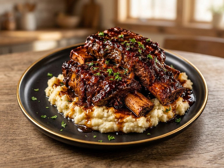 Slow-Cooked Glazed Short Ribs on Garlic Mashed Potatoes, shown as a serving suggestion