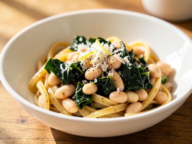 White Bean & Kale Parmesan Pasta, shown as a serving suggestion